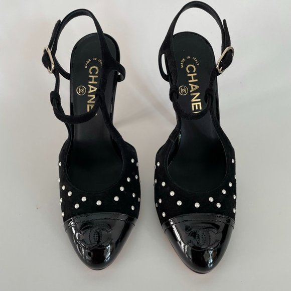 Chanel Black Satin Pearl Embellished CC  Pumps Size 37 C (Size 5.5 US Women's) - Picture 2 of 10